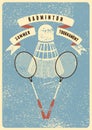 Badminton Summer Tournament vintage grunge style poster with rackets and shuttlecock. Retro vector illustration. Royalty Free Stock Photo